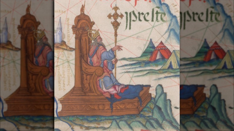 Image of Prester John, enthroned, in a map of East Africa in Queen Mary's Atlas, Diogo Homem, 1558