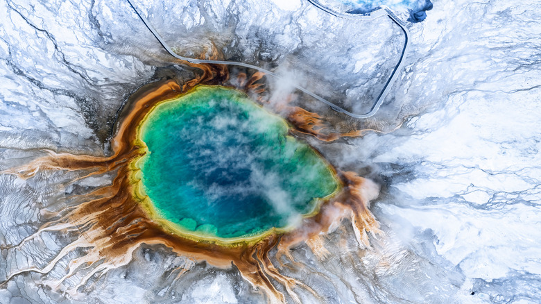 A hot spring in Yellowstone National Park aerial view